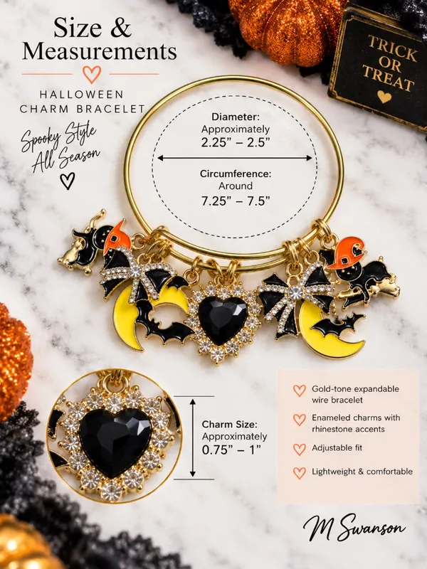 NEW Halloween Spooky Charm Bracelet Gold Rhinestone Bat Cat Witch Moon - Image 3
