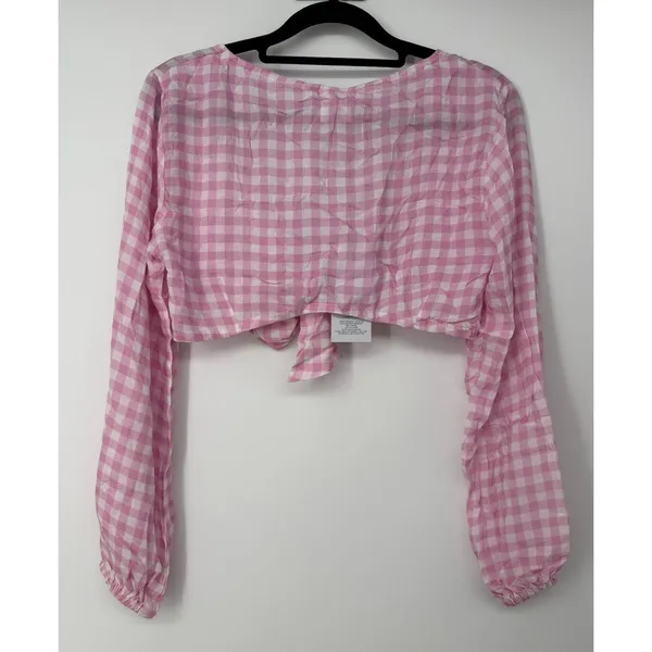 Revolve x VDM The Label Jemma Crop Tie Front Cover Up Pink Gingham Sz S - Image 3