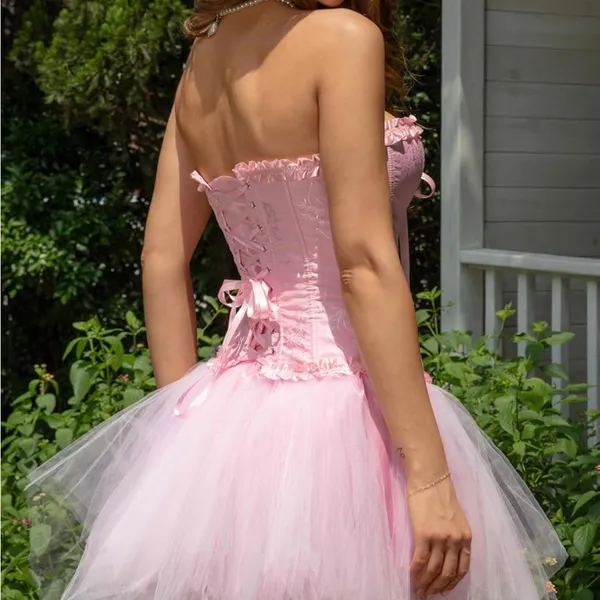 Pink Strapless Corset Top, Bustier Shapewear, Lace Waist Push Up - Image 4