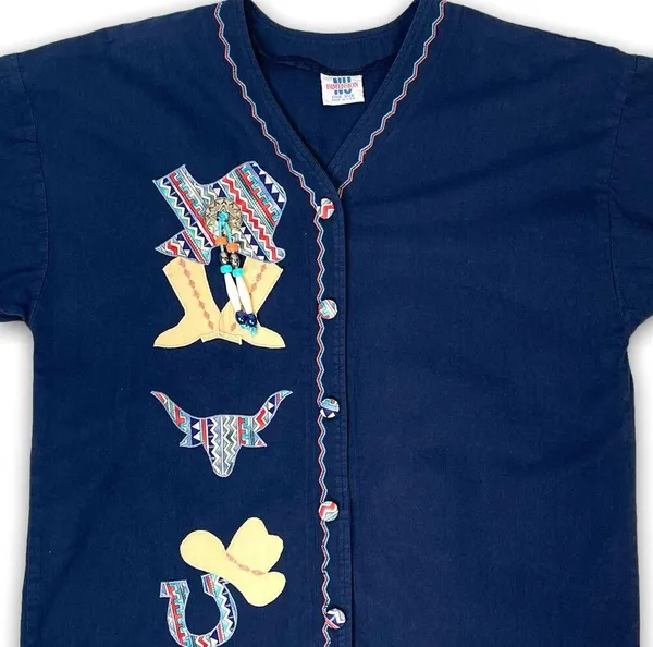 Vintage Western Theme Top Blouse Shirt Texas Rodeo Applique Concho Beads OSFM - Image 2