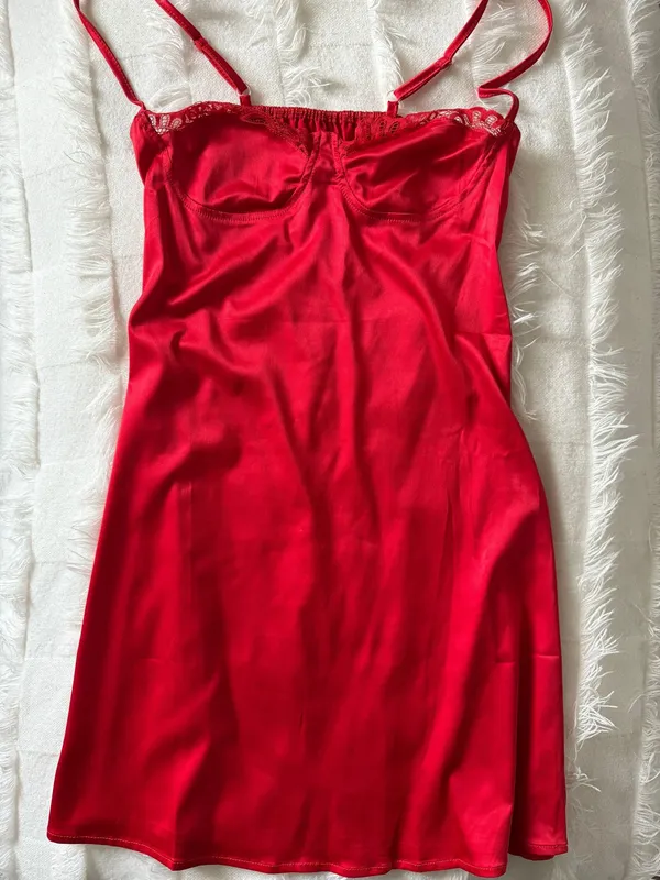 Amazon Red Satin Lace Dress - Image 2