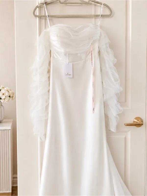 Lulu's Ivory Satin Wedding Dress with Ruffled Tulle Sleeves - Image 2