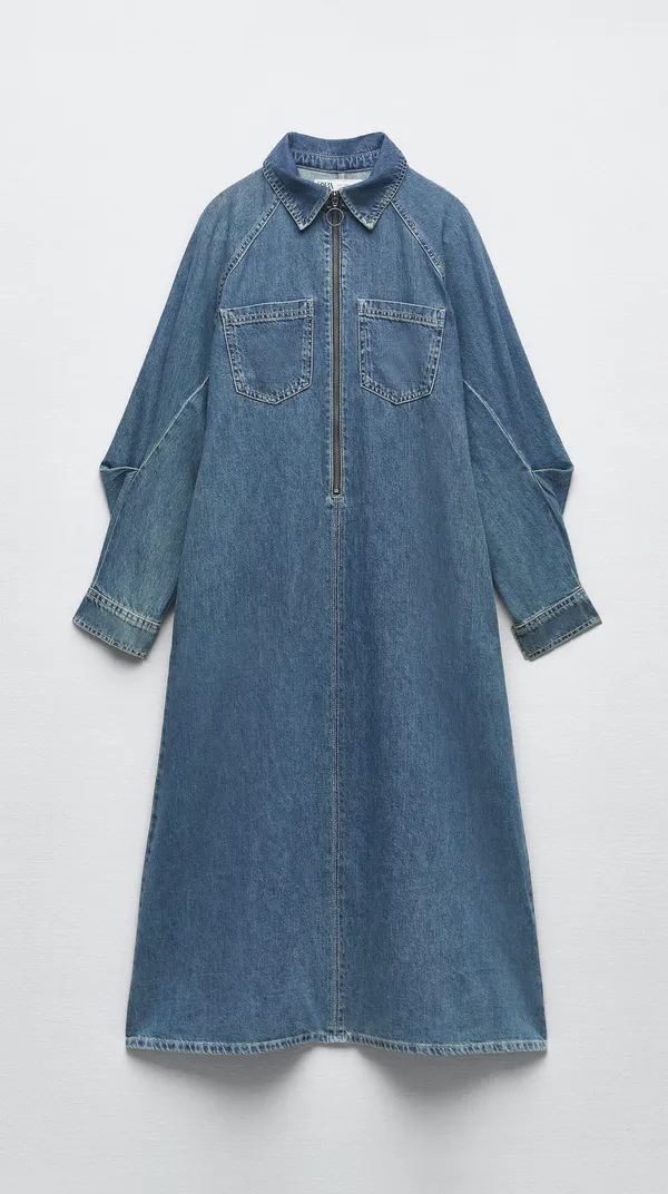 Zara Dress oversize midi denim jeans long sleeve collar casual - Image 9