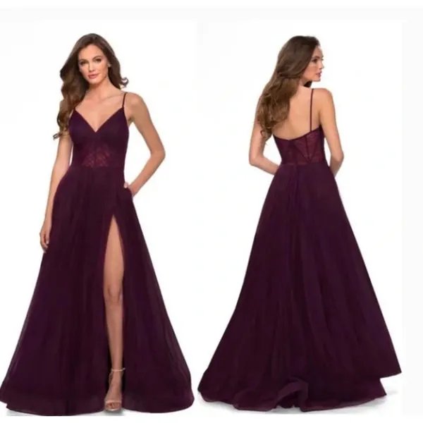La Femme 29076 V-Neck Boned Bodice High Slit Illusion Tulle Ball Gown Size 00‎ - Image 2
