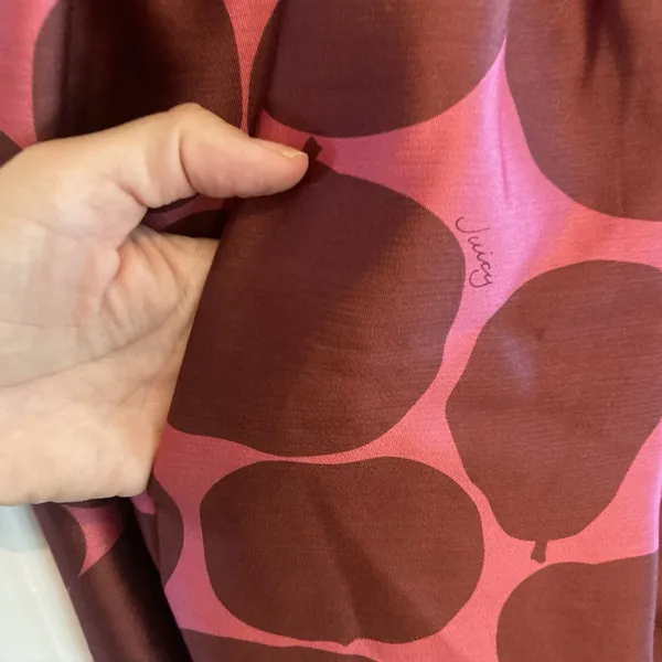Juicy Couture Pink Brown Apple Print Bubble Hem Silk Mini‎ Dress Size 8 Y2K - Image 5