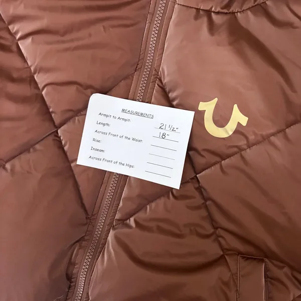NWT!! TRUE RELIGION High-Shine Metallic Hooded Puffer Jacket Bronze Large - Image 15