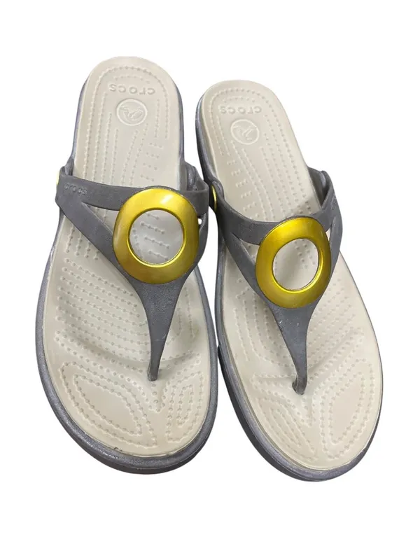 Crocs wms gray faux leather gold ring peep toe sling sandals sz 9W SKU 10-278 - Image 12
