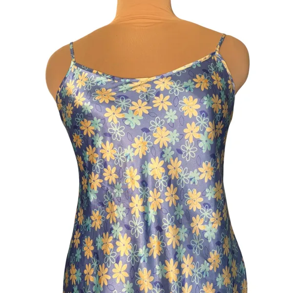Floral Satin Mini Slip Dress Blue Yellow Daisy Print Y2K 90s Fairycore Cottage - Image 2