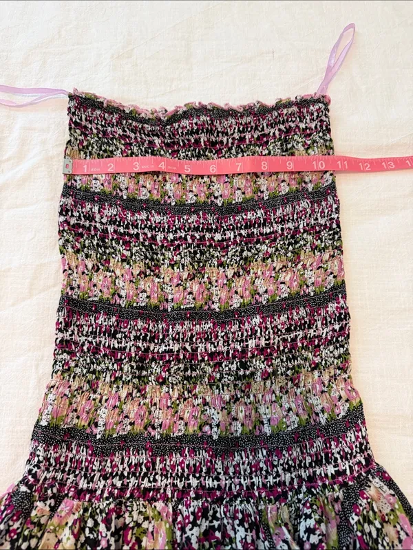 Boho Cottagecore Smocked Cotton Floral Y2K Handkerchief Hem Strapless Dress S - Image 9