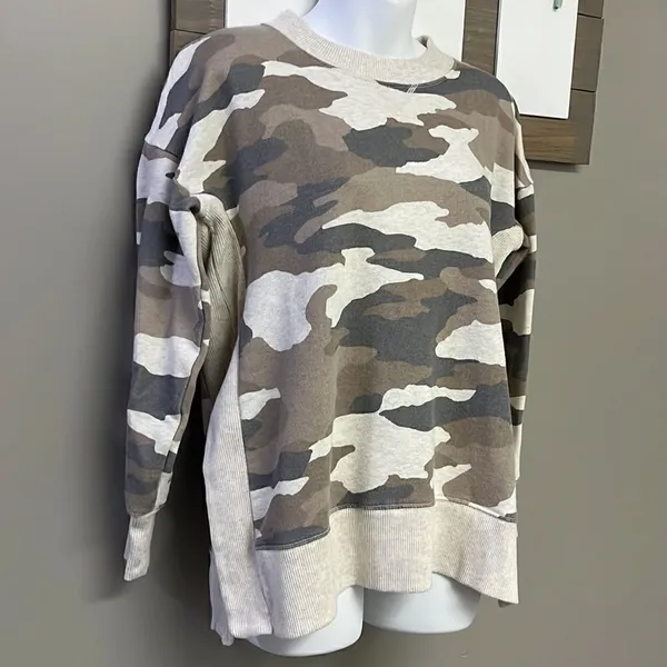 Aerie Tan Camo Crew Neck Mixed Textured Sweatshirt w/ Large Slide Slits- XS - Image 3