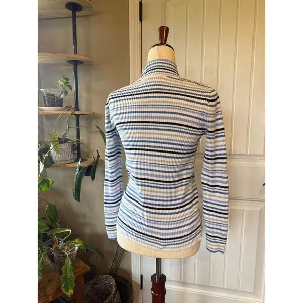 Studio‎ Works Blue White Black Striped Mock Neck Long Sleeve Knit Sweater Size S - Image 2