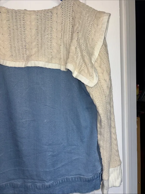 Ruby Rd Brand Blue Stretch Denim With Knit Sleeves And Collar Button Closure - Image 8