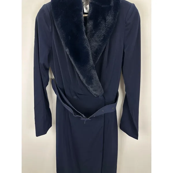 NEW Naked Wardrobe The Statement Trench Coat Navy Fur Shawl Collar Belted Small - Image 5