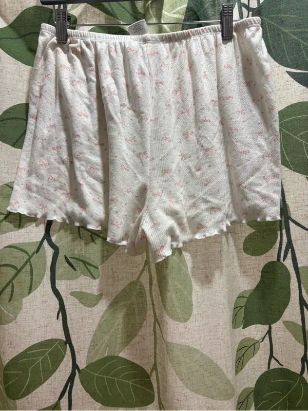 Pink Rose Cream Floral Ruffle Sleep Shorts with Pink Bow - Image 2