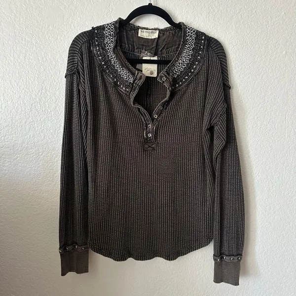NWT Free People Holly Henley Thermal Long Sleeve Top Black Combo - Image 2