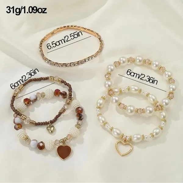Boho Pearl & Crystal Heart Charm Bracelet Stack (5 Pieces) Gold - Image 5