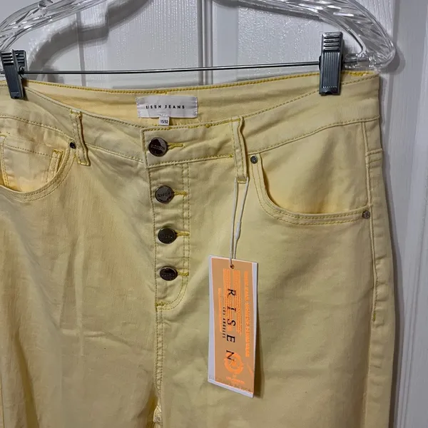 RISEN: PALE YELLOW‎ High Rise button fly distressed Ankle Straight Pant 32! - Image 4