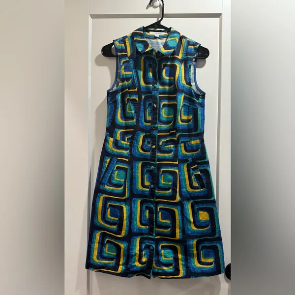 Boden Geometric Blue and‎ Green Midi Dress Size 6R - Image 2