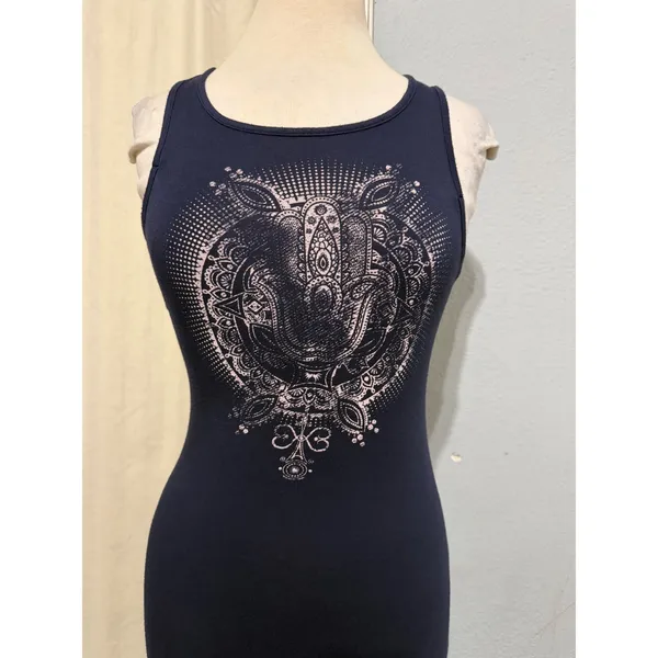 Celestial Maxi‎ Dress S Navy Blue Hamsa Mandala Graphic Sleeveless Bodycon Boho - Image 6