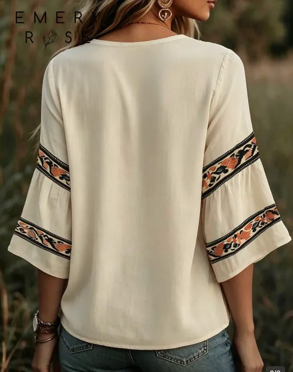 Bohemian Embroidered V-Neck Peasant Blouse - Image 2