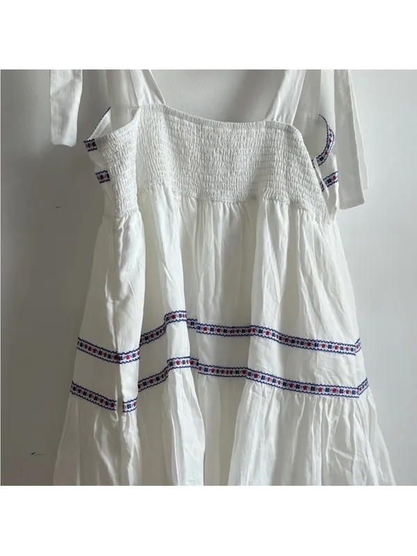Mustard Seed White Mini Dress with Blue Embroidered Bands - Image 2