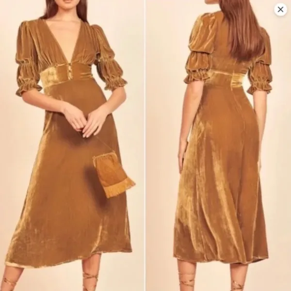 Reformation Maura Velvet Midi Dress Gold - Image 4