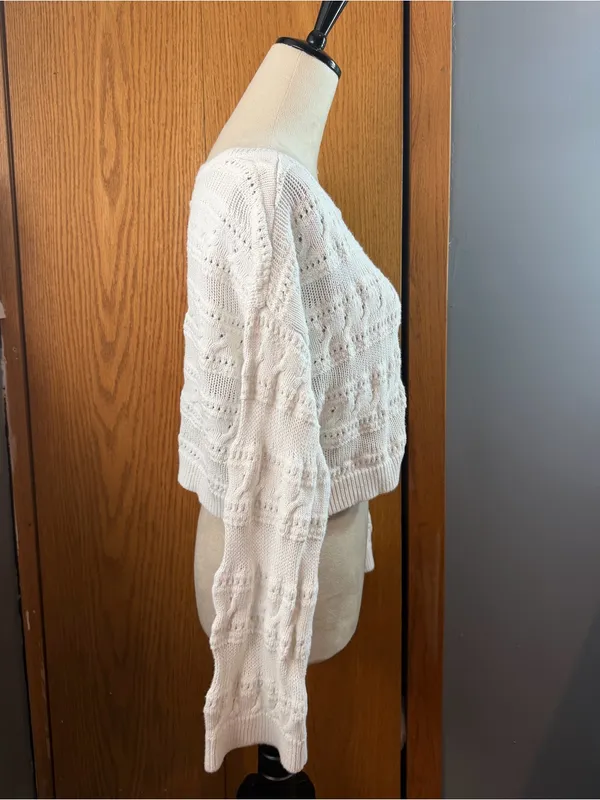 Hollister White Cropped Pointelle Open Knit Sweater Top Size Small - Image 5