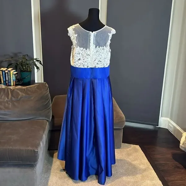 Women’s High Low Blue & White Formal Party Wedding Guest Satin Dress Size XL - Image 4