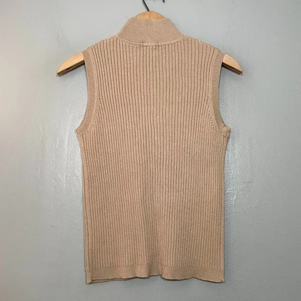 Pointelle Sleeveless Tan Sweater Size Small Ribbed Knit Mock Neck Minimalist - Image 3