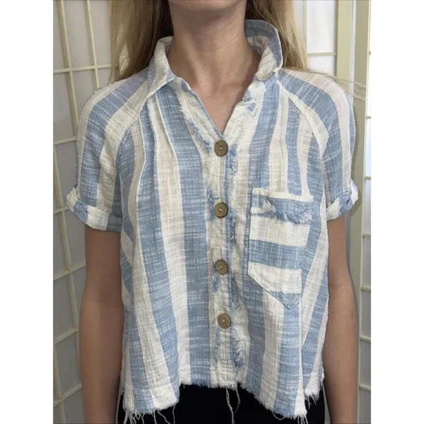 We the Free Classic Boho‎ Beach Gauze Cropped Fringe Striped Button Blouse Small - Image 5