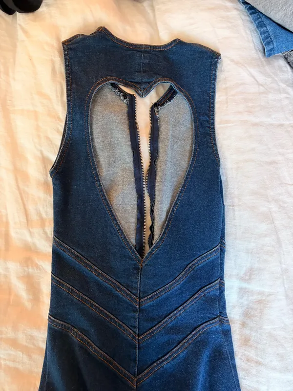 Revice Denim Jean Jumpsuit Hollywood Heartthrob Flare Heart Cutout Back M - Image 3