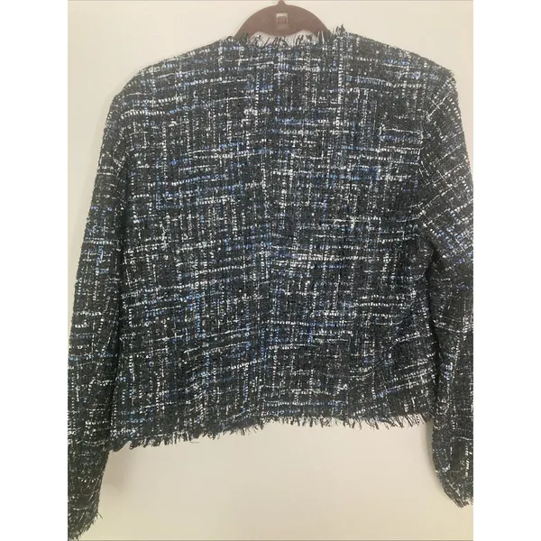Bagatelle collection Women’s Tweed Blazer New L Blue Black Fringe Pockets - Image 10