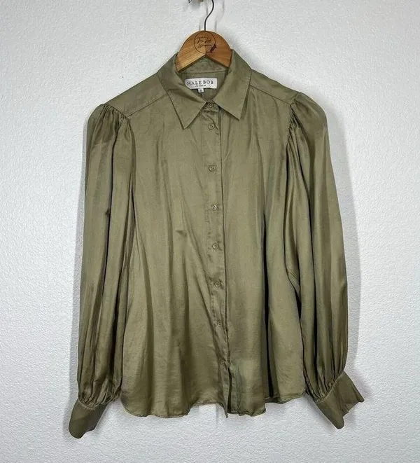 Hale Bob Satin Button Front Top Small Silk Blend Olive Puff Sleeves - Image 3