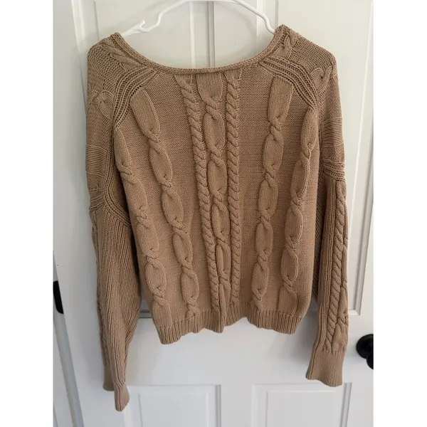 J.Crew V-Neck Cable Knit Sweater‎ Desert Camel Cotton Blend Large - Image 7