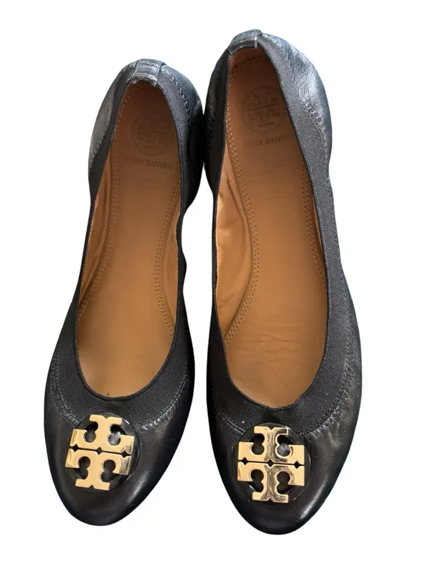 Tory Burch Elastic Ballet Flats Sz 7 Black Leather/Sole Gold Logo Medallion - Image 4