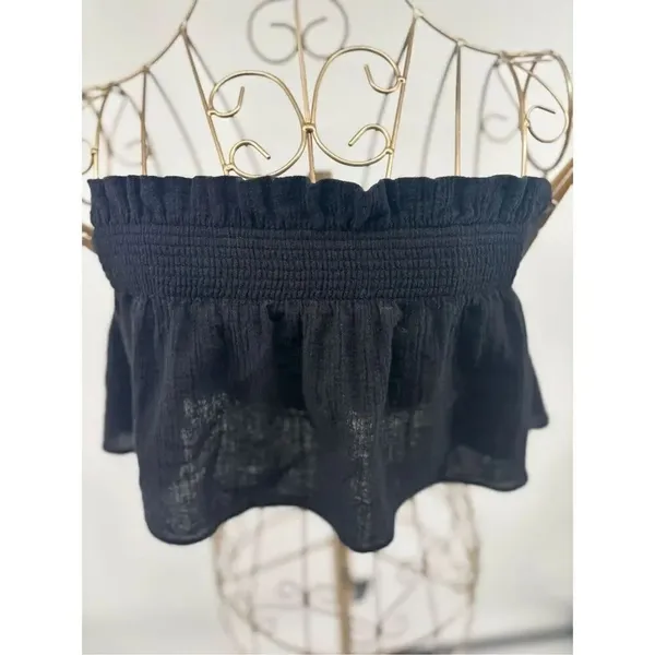 Free People Black Ruffle Strapless Tube Top Smocked Cotton Size S - Image 8