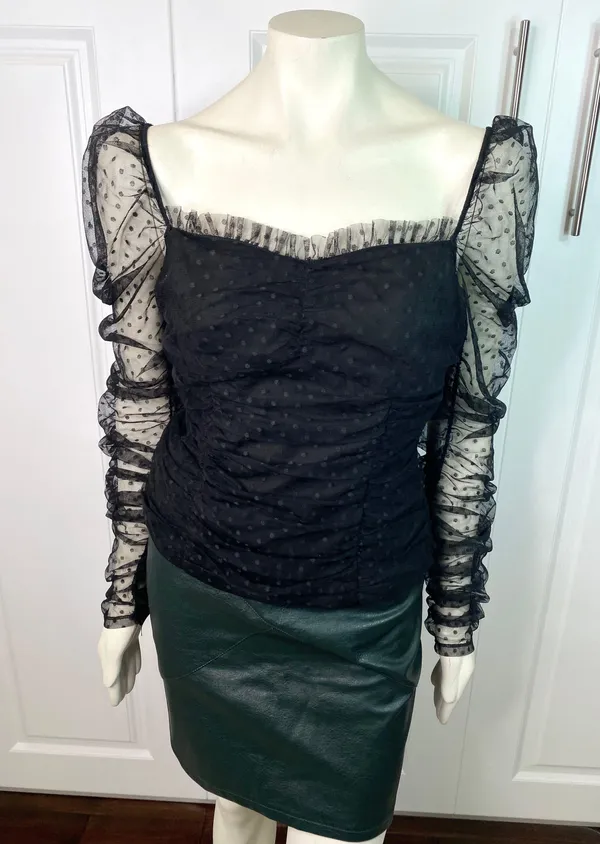VICI Benefit Polka Dot Ruched Gathered Sleeve Mesh Tulle Top by Free the Roses - Image 18