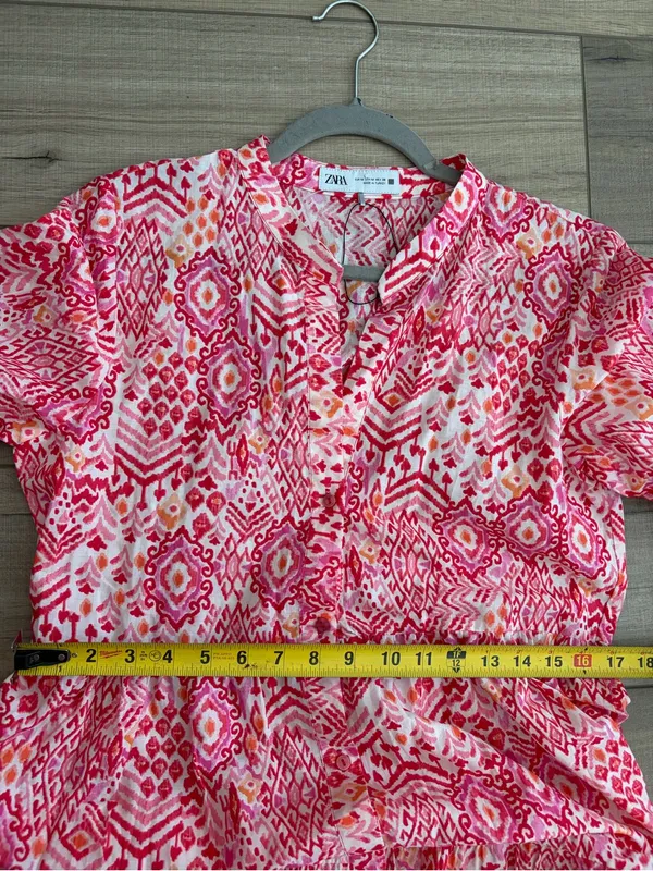 Zara Pink Red Ikat Geometric Print 3/4 Sleeve Tiered Skirt Boho Maxi Dress NWOT - Image 7