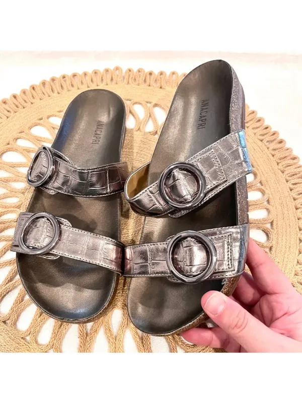 Anacapri Silver Leather Crocodile Slide Metallic Sandals EU 40 - Image 2