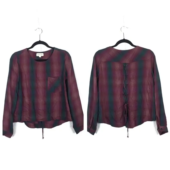 Anthropologie Cloth & Stone Plaid Lace Up Back Top - Image 2