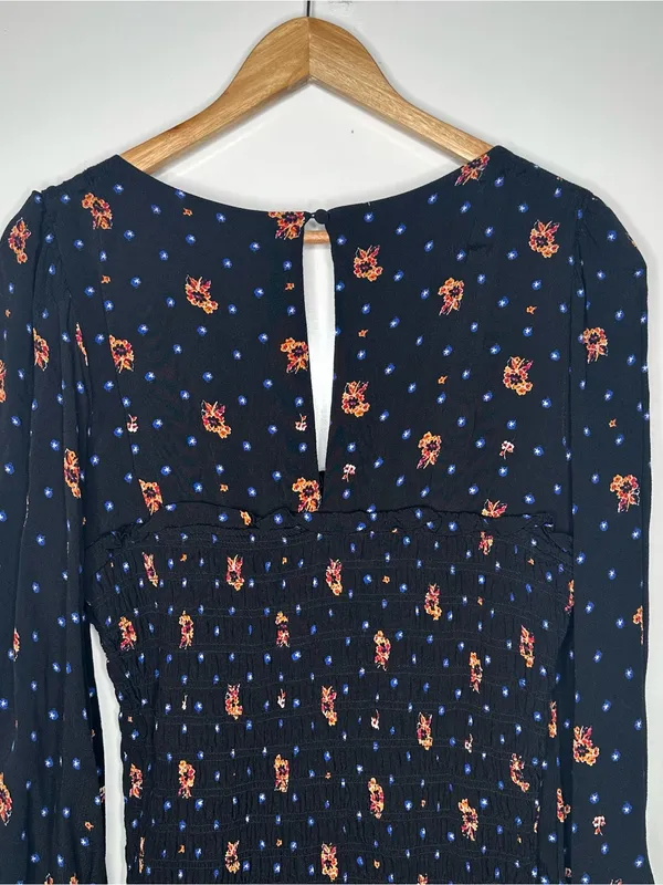 Free People Two Faces Smocked Mini Dress Black Floral Long Sleeve Large - Image 5