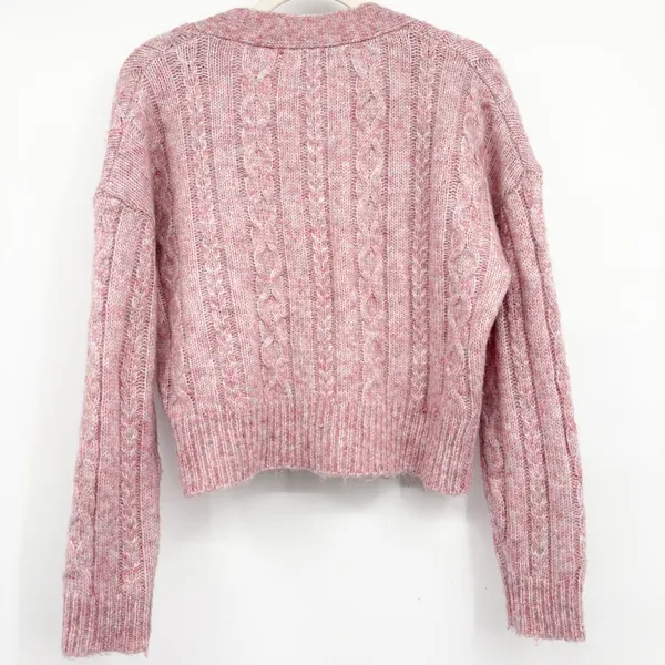 Urban Revivo Women Pink Cable Knit Coquette Cropped Fisherman Cardigan Sweater 6 - Image 6