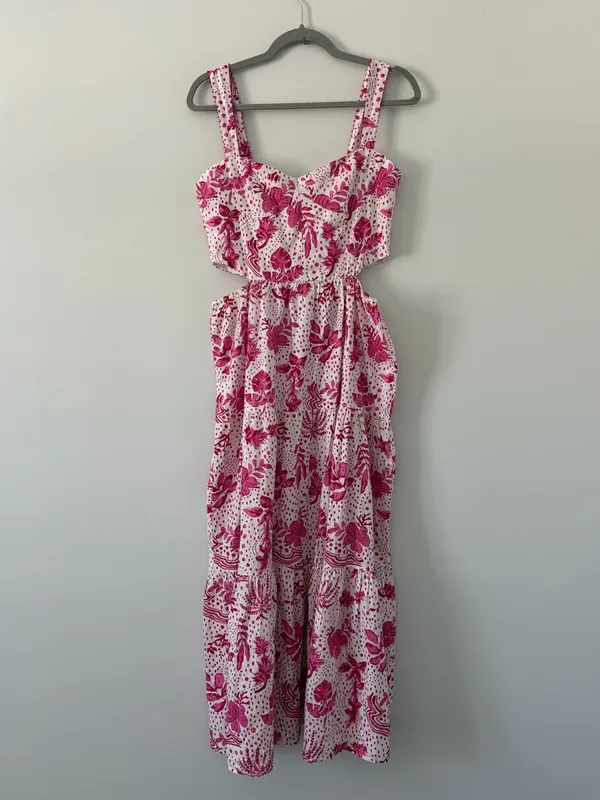 Zara Pink White Cut Out Floral Tiered Skirt Beaded Boho Cottagecore Maxi Dress M - Image 2