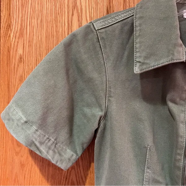 Topshop Clean Front Zip Denim Mini Shirtdress Dress in‎ Light Olive Green Size 4 - Image 10