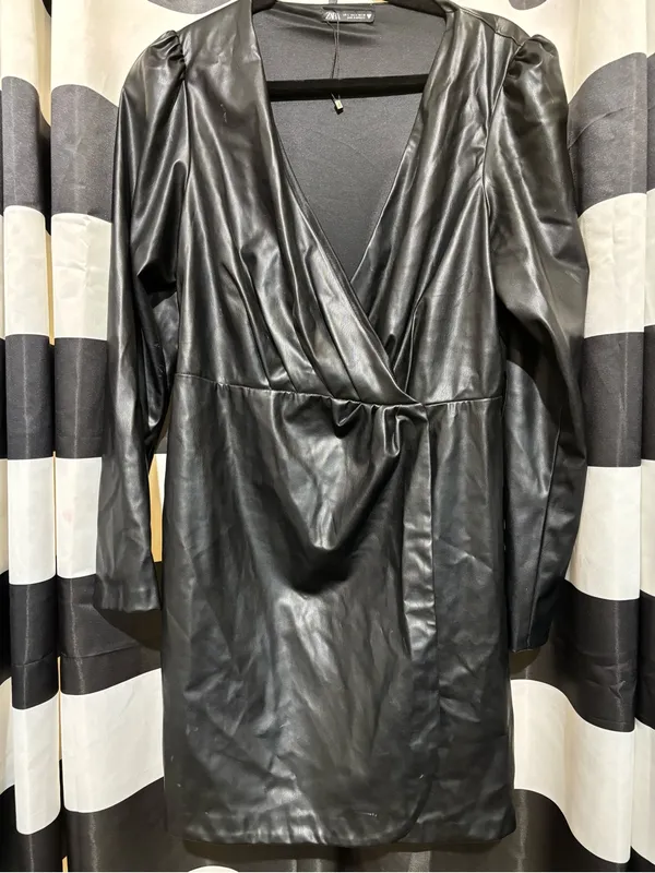 Zara Black Faux Leather Wrapped Belted Jacket - Image 3