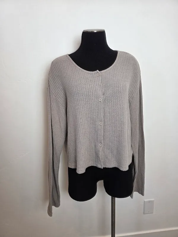 Dazy Thermal Waffle Knit Top Taupe Neutral Long Sleeve Comfy Cozy Loungewear XL - Image 9