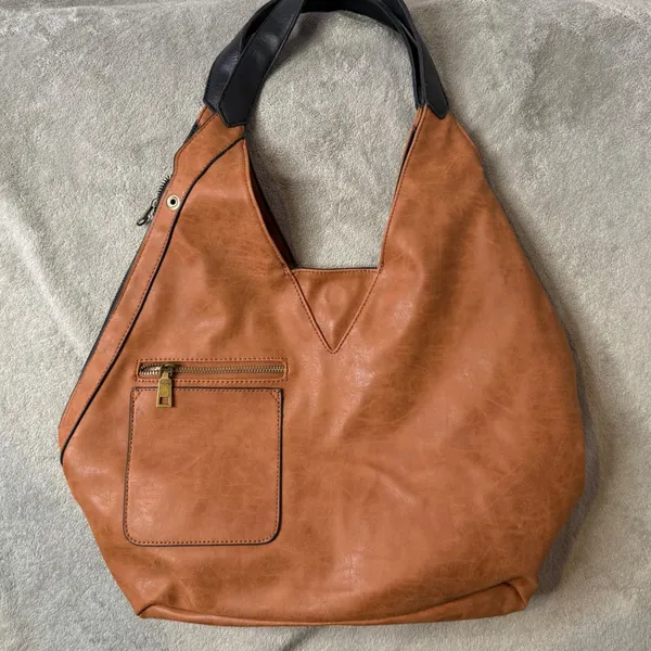 Reversible Vegan Leather Hobo Bag Black Brown Colorblock Slouchy Minimalist BOHO - Image 14