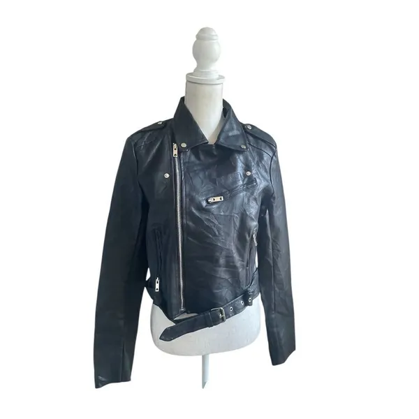 Lulus Women’s Faux Leather Moto Jacket Black L Belted Zippered - Image 2