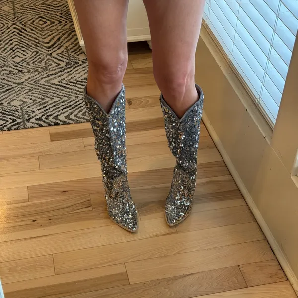 Steve Madden hi heel Boots Tyrus silver Sequin - size 6! NEW! - Image 2