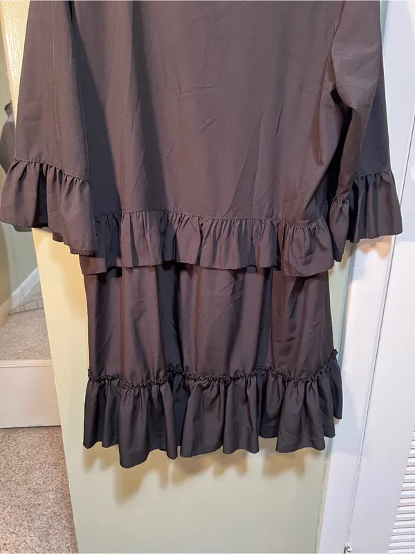 Women’s Size Large Mini Dress Black Ruffle V-Neck A-Line 3/4 Sleeve Collared LBD - Image 9